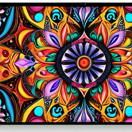 Home 11 **AI Art Tool Midjourney:** A visually stunning and complex AI-generated artwork created with Midjourney, showcasing its capabilities in generating detailed and beautiful designs. Focus on abstract patterns, vibrant colors, and intricate details that highlight the tool's advanced features.