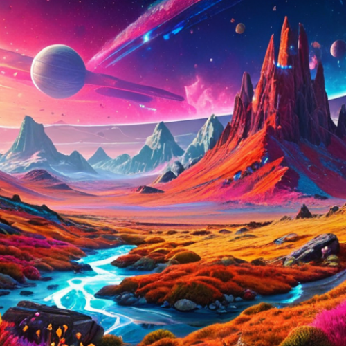 Home 6 AI-generated landscape painting with vibrant colors, showcasing a blend of reality and futuristic elements, reminiscent of a distant future vision of nature.