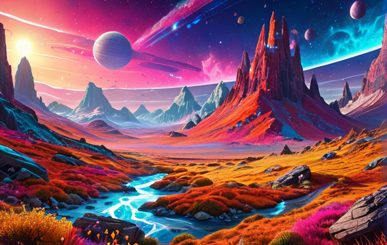 AI-generated landscape painting with vibrant colors, showcasing a blend of reality and futuristic elements, reminiscent of a distant future vision of nature.